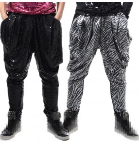 Silver zebra black sequins fashion men's male competition stage performance party play jazz hip hop singer dance blommers harem pants